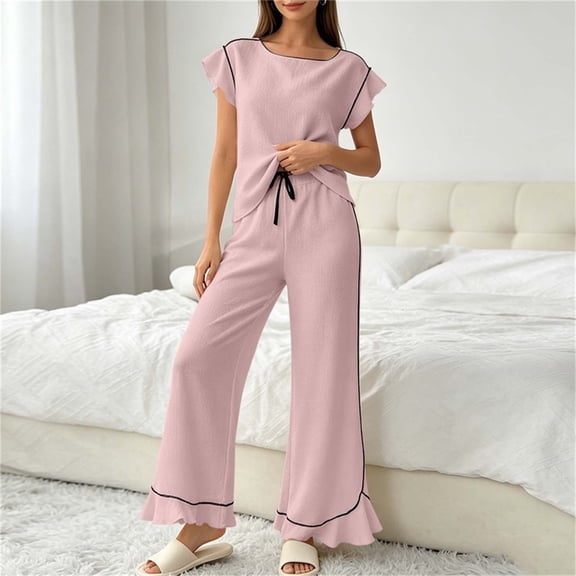 sdhkgrrt Women's 2 Piece Pajama Set Round Neck Short Sleeve Tee Matching Wide Leg Pants Solid Casual Loose Comfy Lounge Outfits Sleepwear Home Tracksuit, Pink XL
