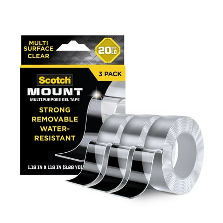 Scotch-Mount Multipurpose Gel Tape, Clear, 1.18 in x 118 in, Holds 20 lbs, 3 Pack