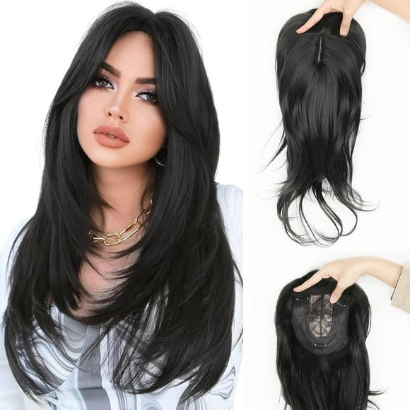 TRAHOO-Long Wavy Hair Toppers for Women Layered Black Hair Toppers for Women Synthetic Hair Toppers for Women with Thinning Hair Fiber Wiglets Ladies Toppers Hair Pieces for Women 18Inch 1B