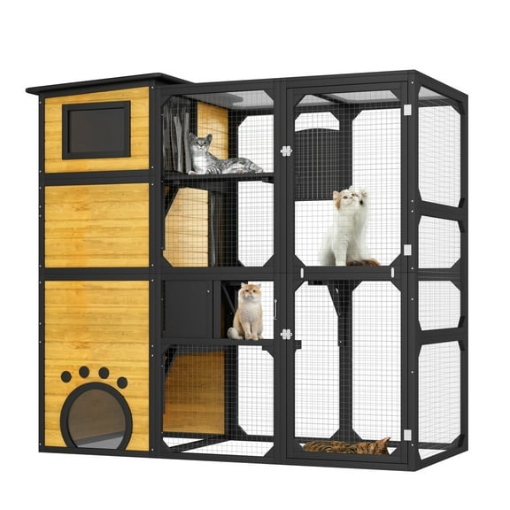 Outdoor 4 Tiers Cat Enclosures, Large Cat Catio House with Weatherproof Roof, Walk in Cat Cage with Insulated Warm Cabin, Window, 3 Platforms and 2 Sliding Doors, 77"H