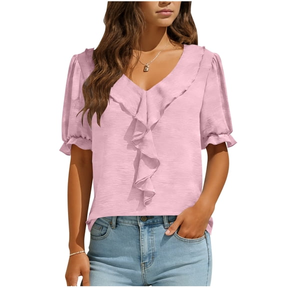 Womens Ruffle Dressy Blouses, Short Sleeve Shirts for Women Summer Business Casual Vintage Solid Color V Neck T-Shirts