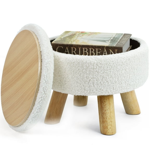 Small Round Ottoman with Storage, Ottoman Foot Rest in Teddy Velvet, Footstool with Wood Legs and Soft Sponge, for Living Room, Bedroom, Couch, Enterway (Cream)