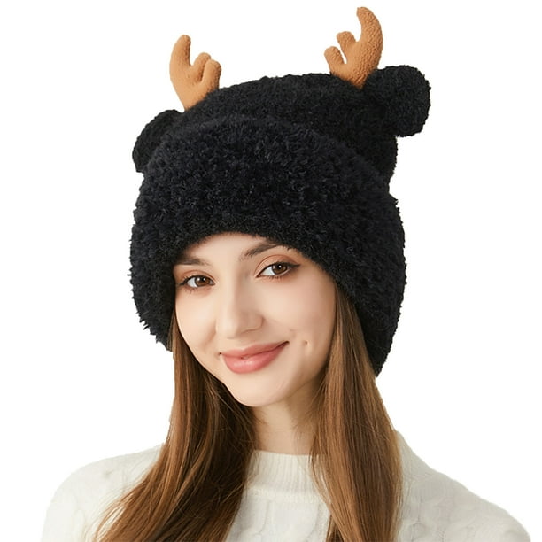 Sombreros de invierno para mujer, bonitos sombreros de punto con astas gruesas y protección para las orejas, gorros cálidos de poliéster para mujer.