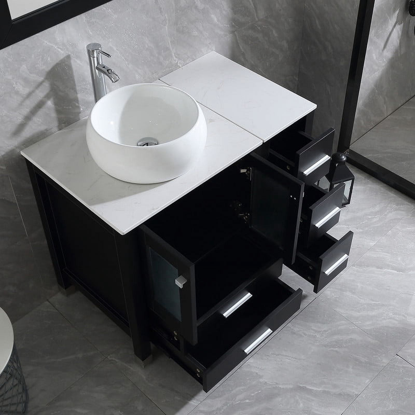 Wonline 36" Luxurious Bathroom Vanity and Sink Combo Wood Cabinet Top Round Ceramic Vessel Sink Faucet Drain Combo with Mirror Vanities Set,Black