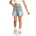 thumbnail image 3 of GXWEA Girl Shorts Denim Shorts for Girls High Waisted Elastic Waist Light Wash Loose Fit Summer Everyday Bottoms（Blue，5-6 Years）, 3 of 5