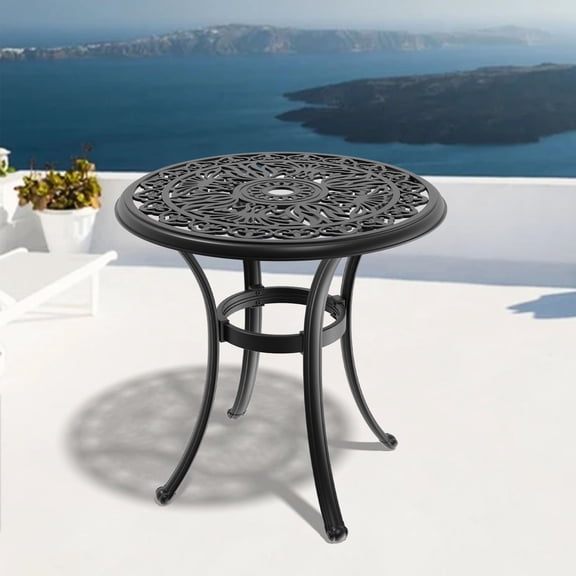 26.77-inch Round Aluminum Patio Table with Umbrella Hole / Ideal for Outdoor Dining and Relaxation