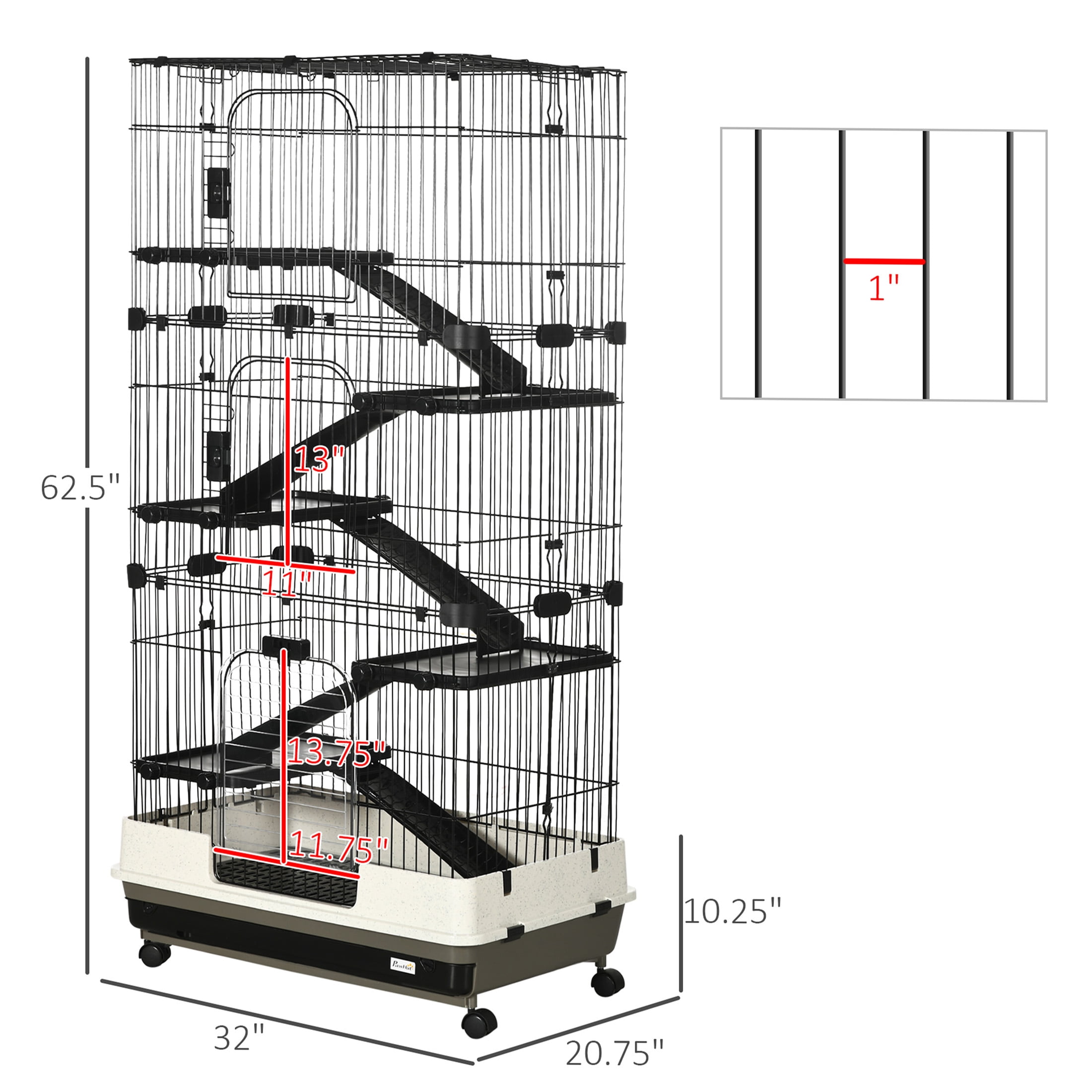 JERFIT 6-Tier Small Animal Cage with Wheels, Black Steel Ferret Hutch for Chinchilla Bunny Rabbit with Ramps, Platforms & Removable Tray
