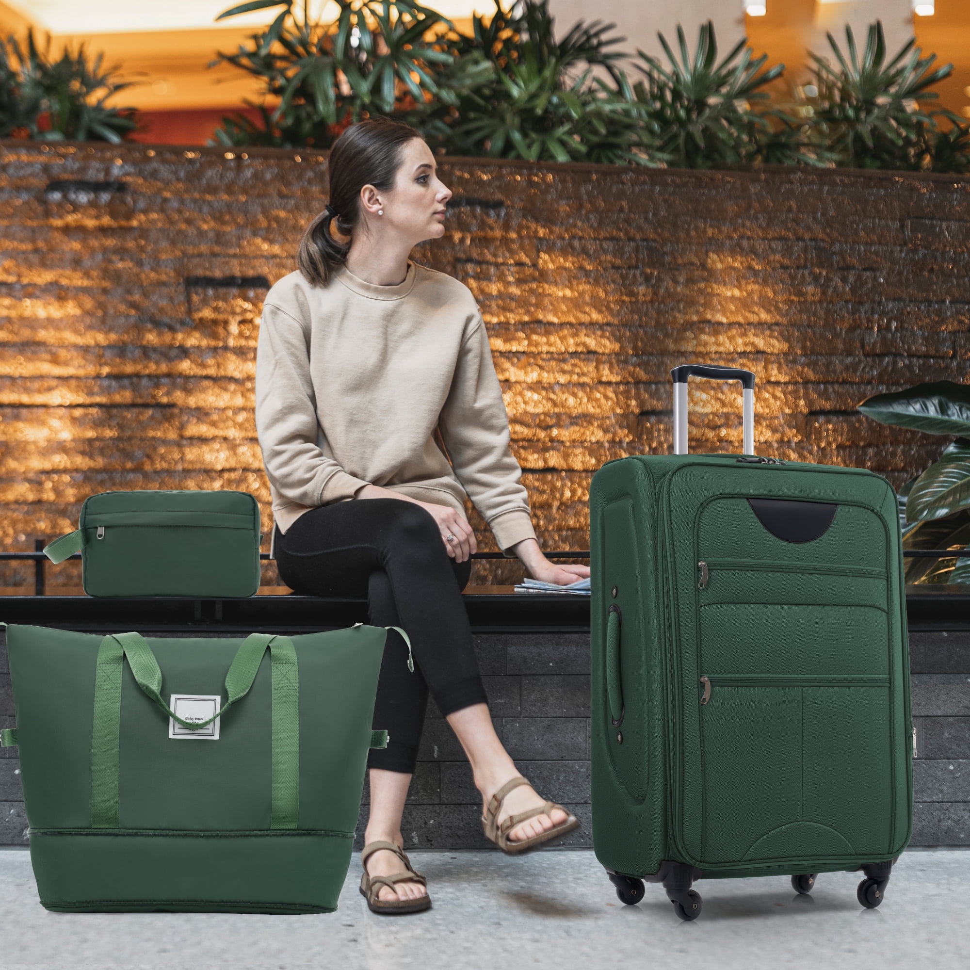 Euroco 5 Piece Softside Luggage Set,Expandable Suitcase Set with Duffel Bag,TSA Lock and Spinner Wheels,Lightweight Travel Suitcase for Men Women,Dark Green