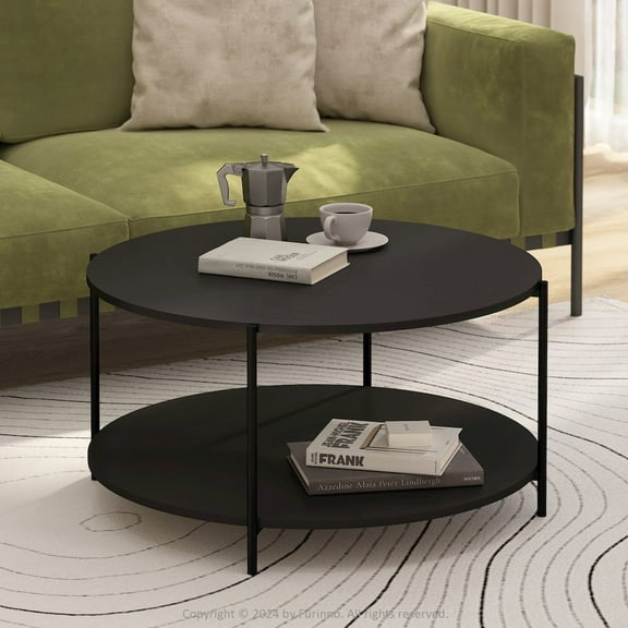 Furinno 2-Tier Modern Round Coffee Table Table with Sturdy Metal Legs, Americano/Black