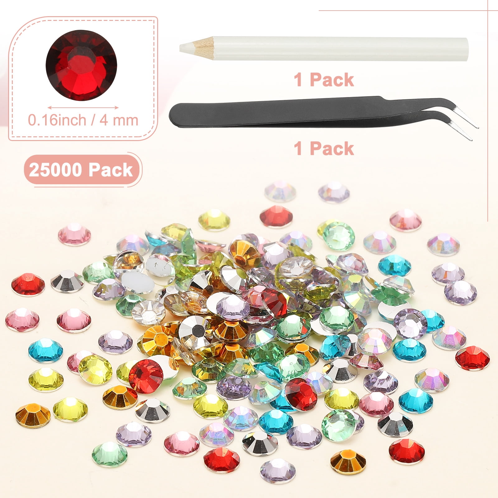 1-Set Resin Flatback Rhinestone, 4mm Flat Back Rhinestones Crystals Bulk for Crafts/Clothes/Nail Decoration, 25000 Pack with 1 Wax Pen and 1 Tweezer [Dark Red]