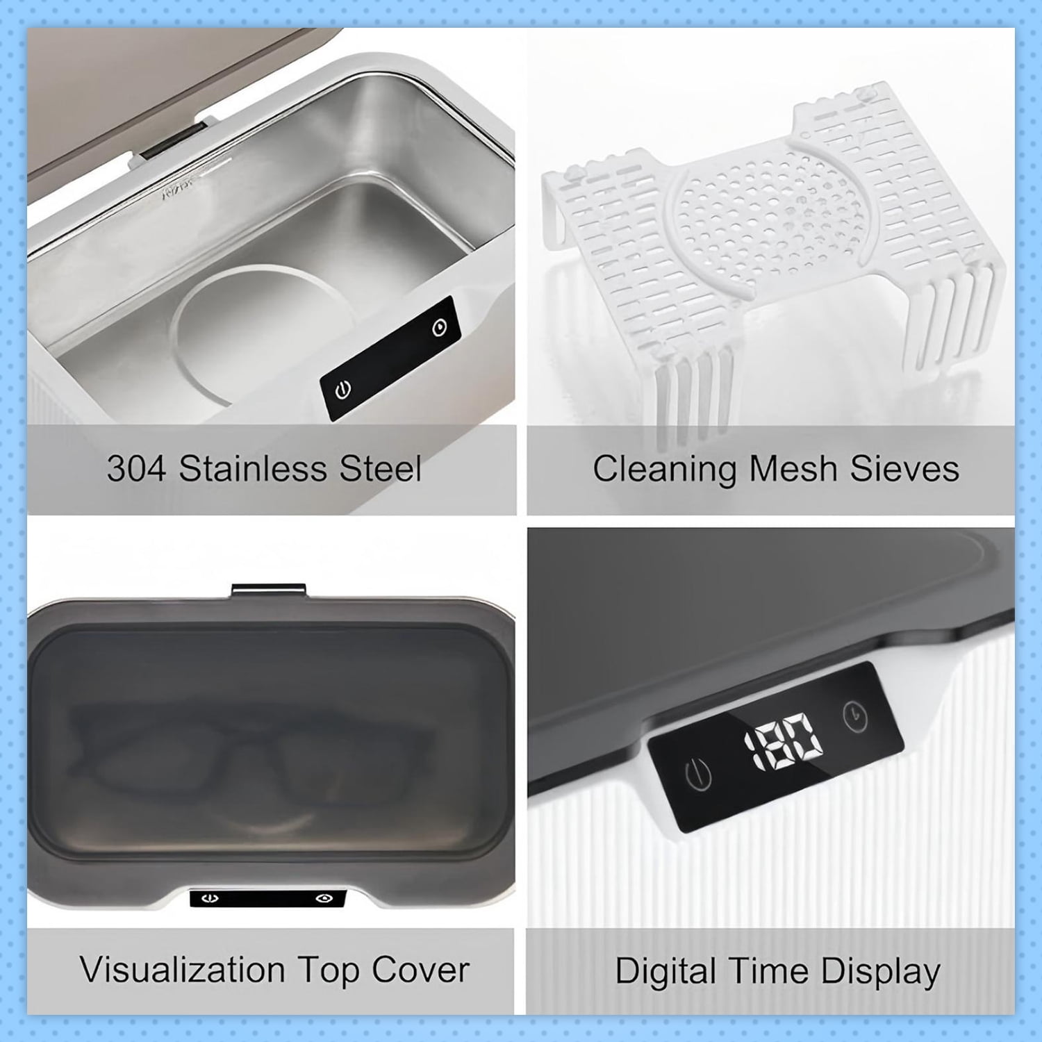 Behome Ultrasonic Jewelry Cleaner, 17oz 47KHz Professional Jewelry Cleaner, 3 Modes with Digital Timer, Portable Ultrasonic Cleaner for Jewelry, Eyeglasses, Rings, Watch Strap, White