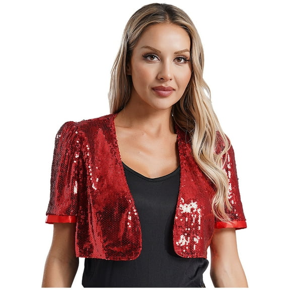 TiaoBug Womens Sequin Jacket Open Front Cardigan Glitter Cropped Blazer Bolero Shrug Tops Red M