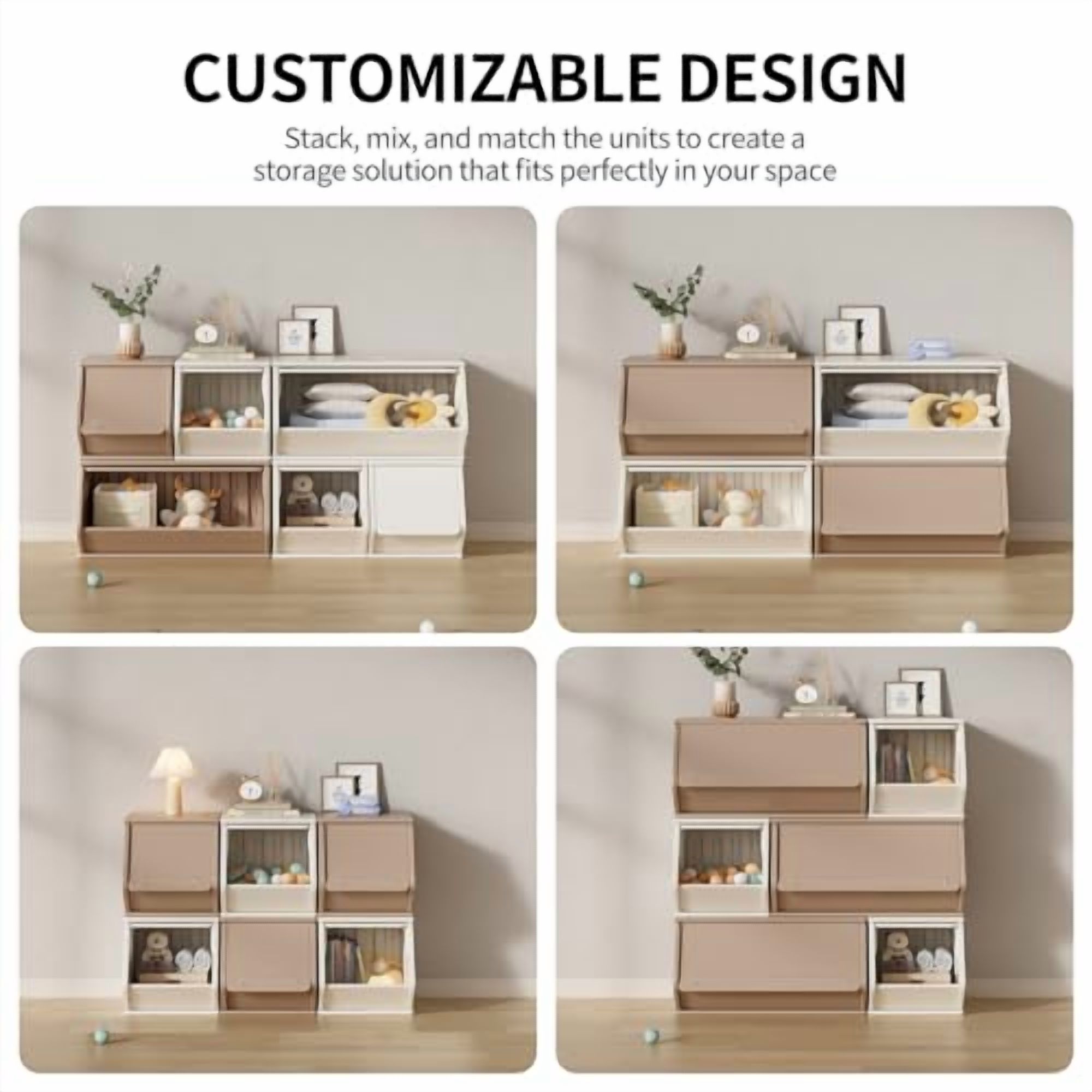 UNICOO® 2+4 Free Combination Stackable Plastic Storage Cabinet w/Dust Proof Cube Containers, Customizable, Lightweight Organizer for Home, Office, School, Dorm (2+4 Coffee & Cream)