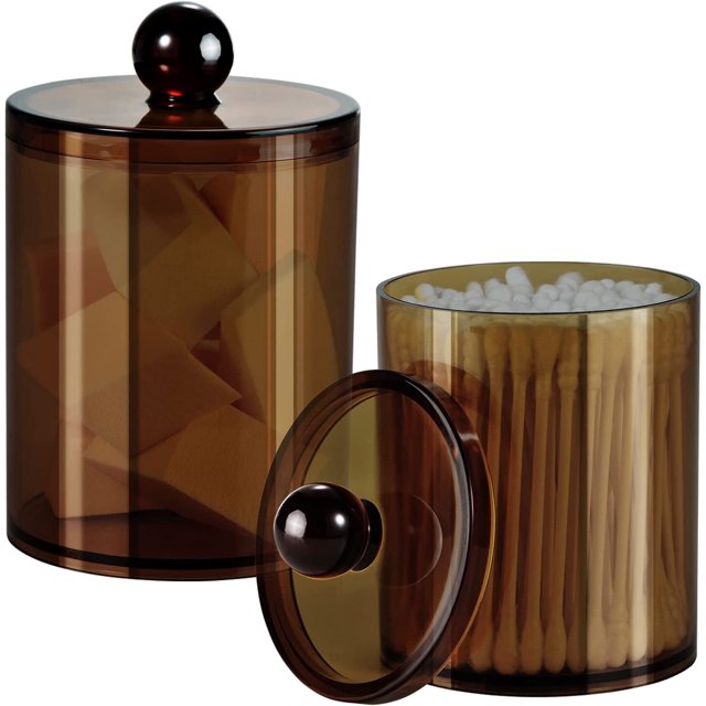 SheeChung - Paquete de 2 tarros de boticario de plástico transparente pequeños de 12 oz - Dispensador de hisopos de algodón - Recipiente de almacenamiento para tocador de baño - Recipiente acrílico