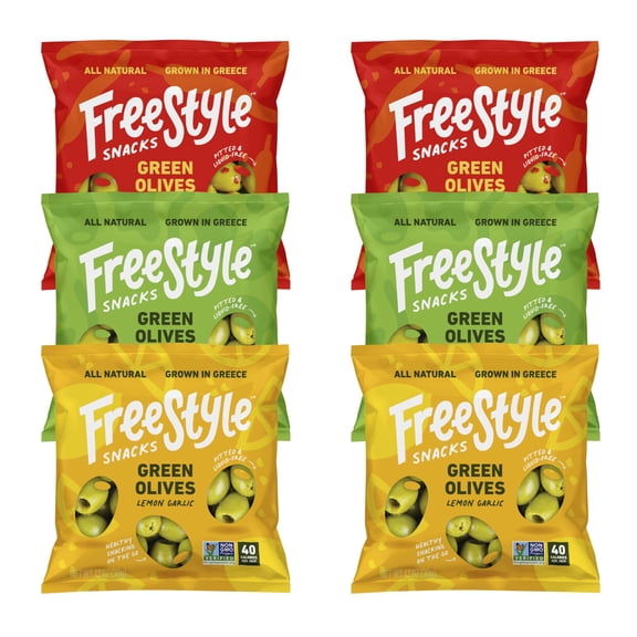 Freestyle Snacks Olive Snack Packs - Single Serve - Fresh Pitted Green Olives, Jumbo-Sized, Grown in Greece, All Natural, Non-GMO, Paleo, Sugar-Free, Keto, Salty Snack - Variety, 1.1oz (6 Pack)