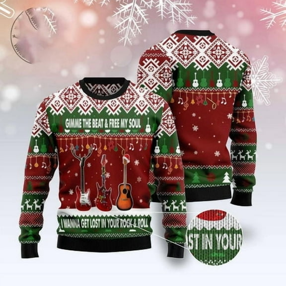 Guitar Gimme The Beat 3D Christmas Sweater, Funny Xmas Sweater, Sweater Xmas