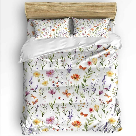 Wildflowers Queen Size Comforter Set, Colorful Spring Floral Botanical Flower Plants Soft Bedding for All Seasons, 4 Pcs Bed Set with 1Comforter (90"x92") ,1 Sheet(94"x116"), 2 Pillowcases (19"x29")