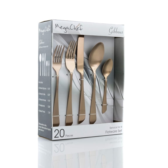 MegaChef  Gibbous 20 Piece Flatware Utensil Set, Stainless Steel Silverware Metal Service for 4 in Rose Gold Matte