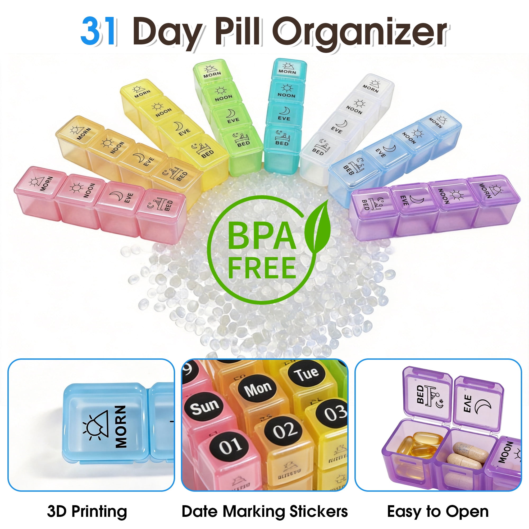 Monthly Pill Organizer 4 Times a Day, 30 Day Pill Organizer with Daily Pill Box Organizer, One Month Medicine Organizer, 31 Day Rainbow Pill Case for Vitamins Supplement & Medication