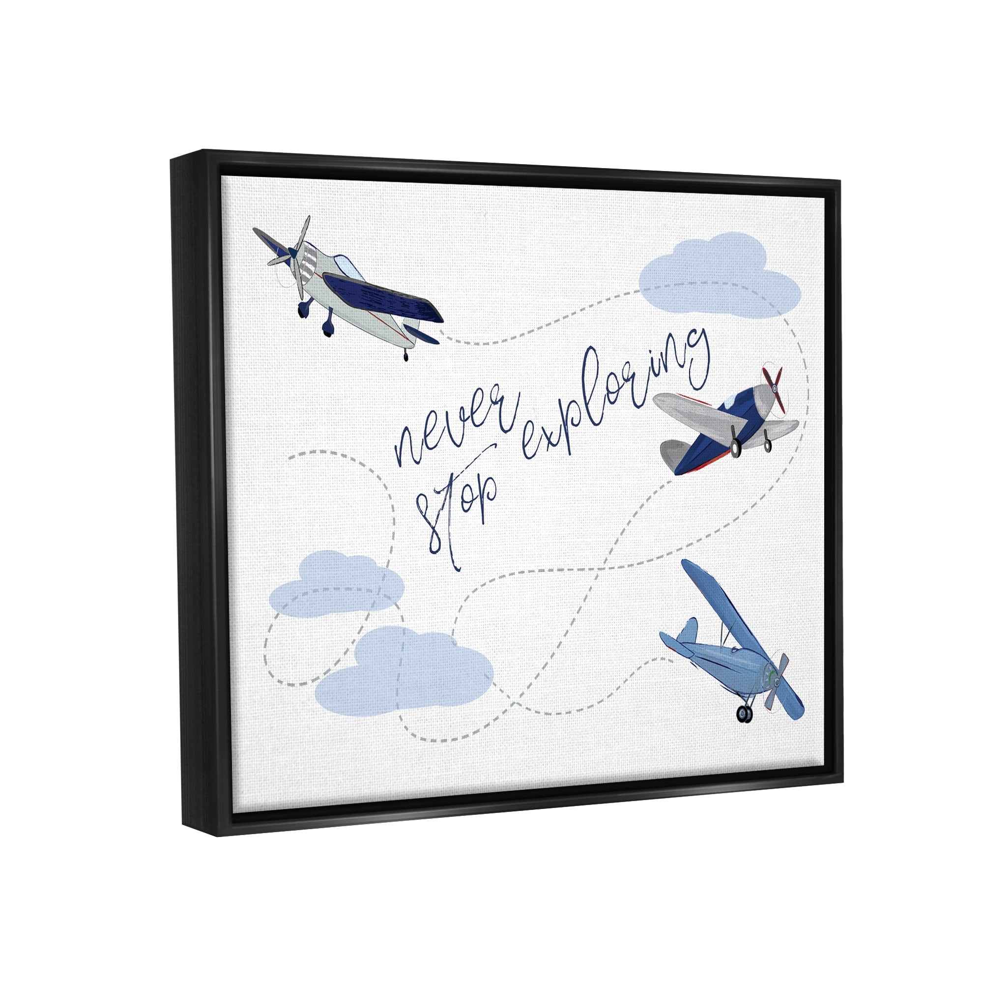 Stupell Industries Never Stop Exploring Airplanes Jet Black Framed Floating Canvas Wall Art, 16x20, by Sweet Pea Studio