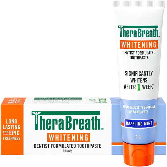 TheraBreath Whitening Toothpaste, Peroxide-Free & Anticavity, Dazzling Mint, 4 oz,