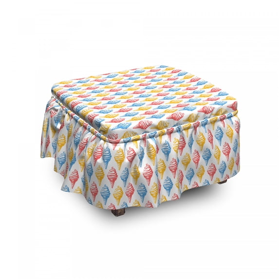 Food Ottoman Cover, Ice Cream Cones 50s Time, 2 Piece Slipcover Set with Ruffle Skirt for Square Round Cube Footstool Decorative Home Accent, Standard Size, Multicolor, by Ambesonne