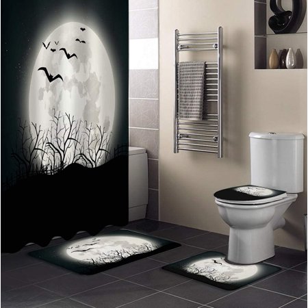 ZHANZZK Halloween 4 Piece Bathroom Set Shower Curtain Bath Rug Contour Mat and Toilet Lid Cover