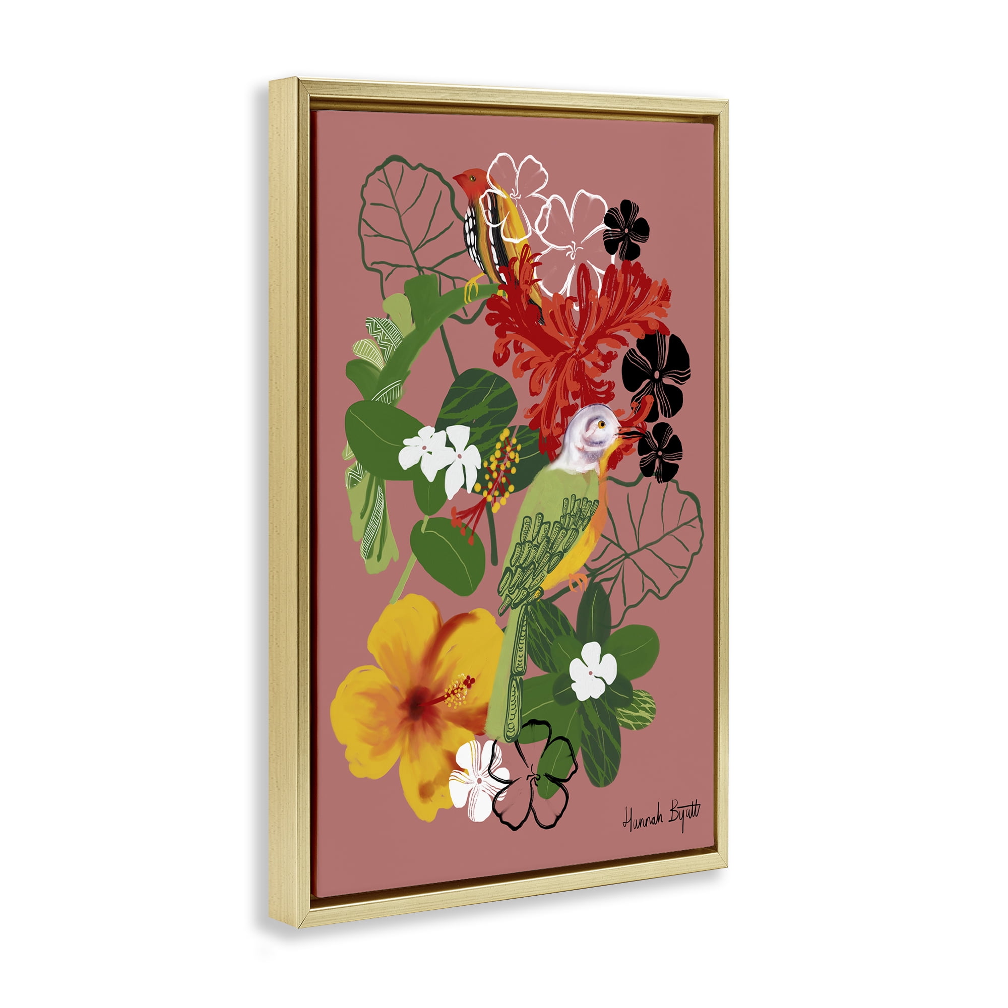 Stupell Industries Gambia Inspired Florals Animals Painting Gold Floater Framed Canvas Art Print Wall Art, 17 x 25