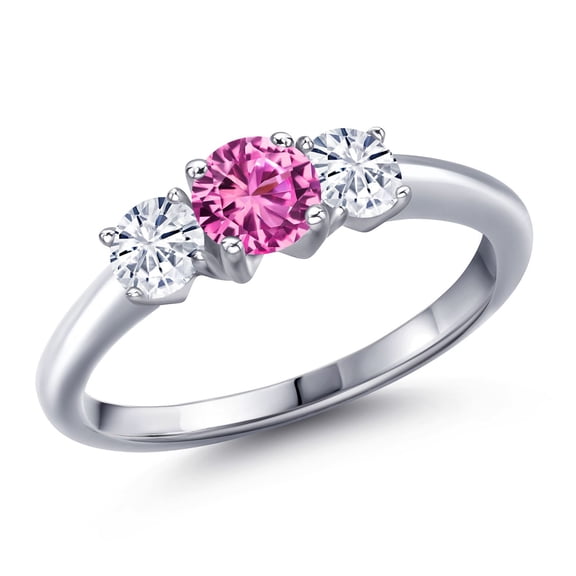 Gem Stone King 925 Sterling Silver Pink Created Sapphire and White Moissanite Engagement Ring for Women | 1.01 Cttw | Round 5MM | Gemstone September Birthstone | Size 6