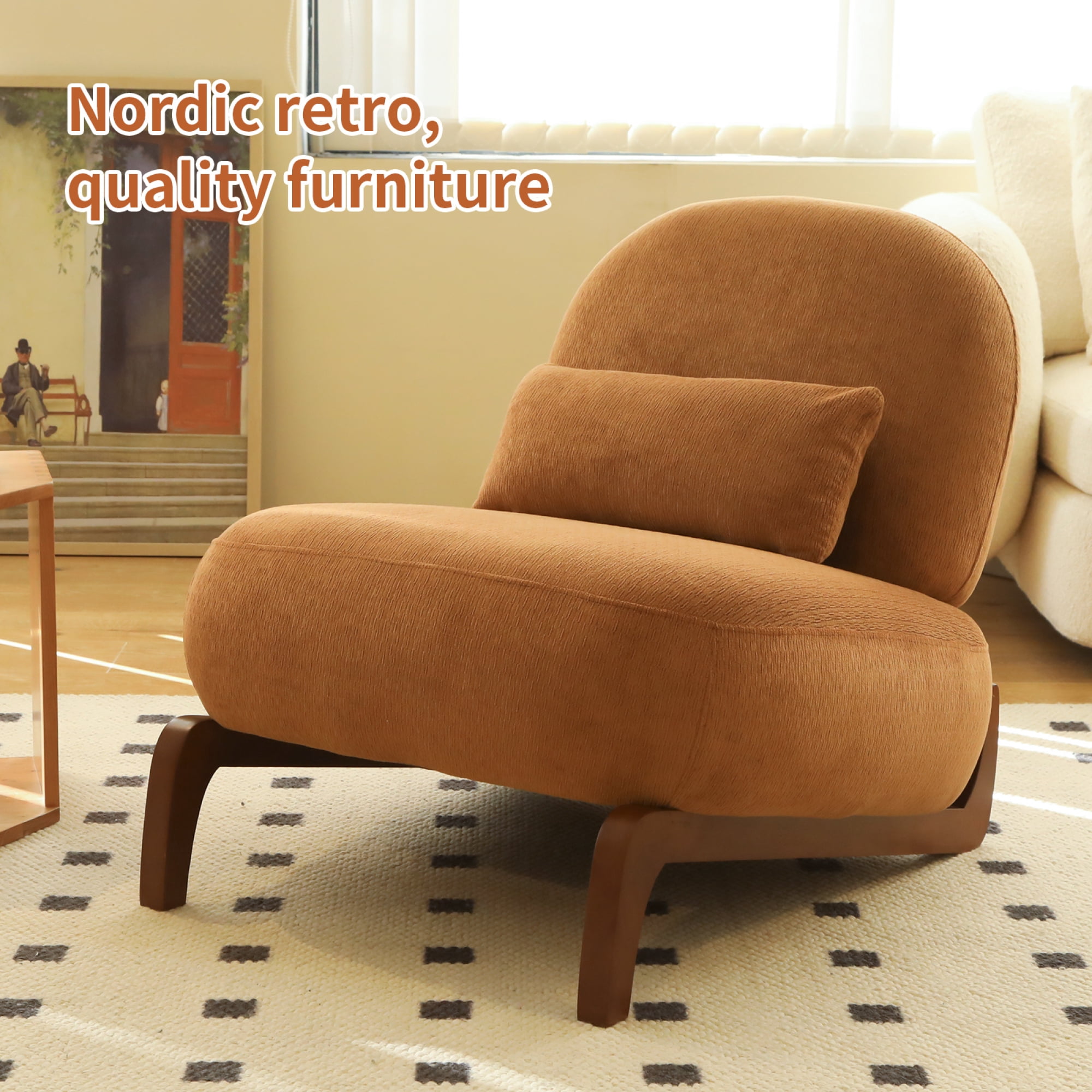 Leumius Accent Chair with Solid Wood Legs and Soft fabric Cushion, Cozy Bedroom Chair, Comfy Armless Reading Chair for Apartment Waiting Room Balcony Caramel