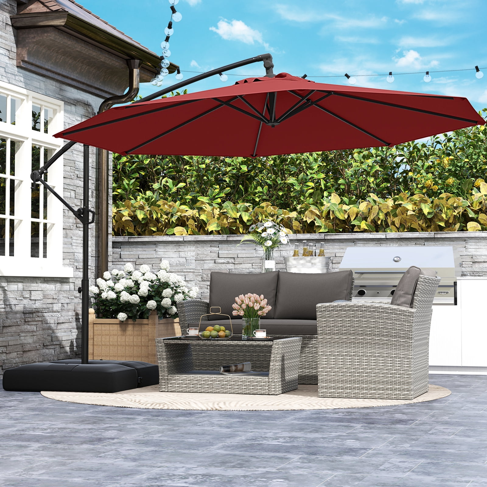 Gymax 10 FT Offset Hanging Umbrella with Base Patio Cantilever Umbrella w/ Infinite Tilt Red