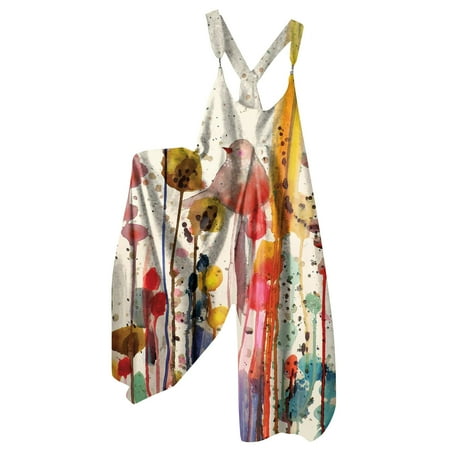 

Dyegold Jumpsuits for Women Casual Summer Jumpsuit for Women Front Button Loose Playsuit Overalls Floral Print Round Neck Sleeveless Rompers Trousers