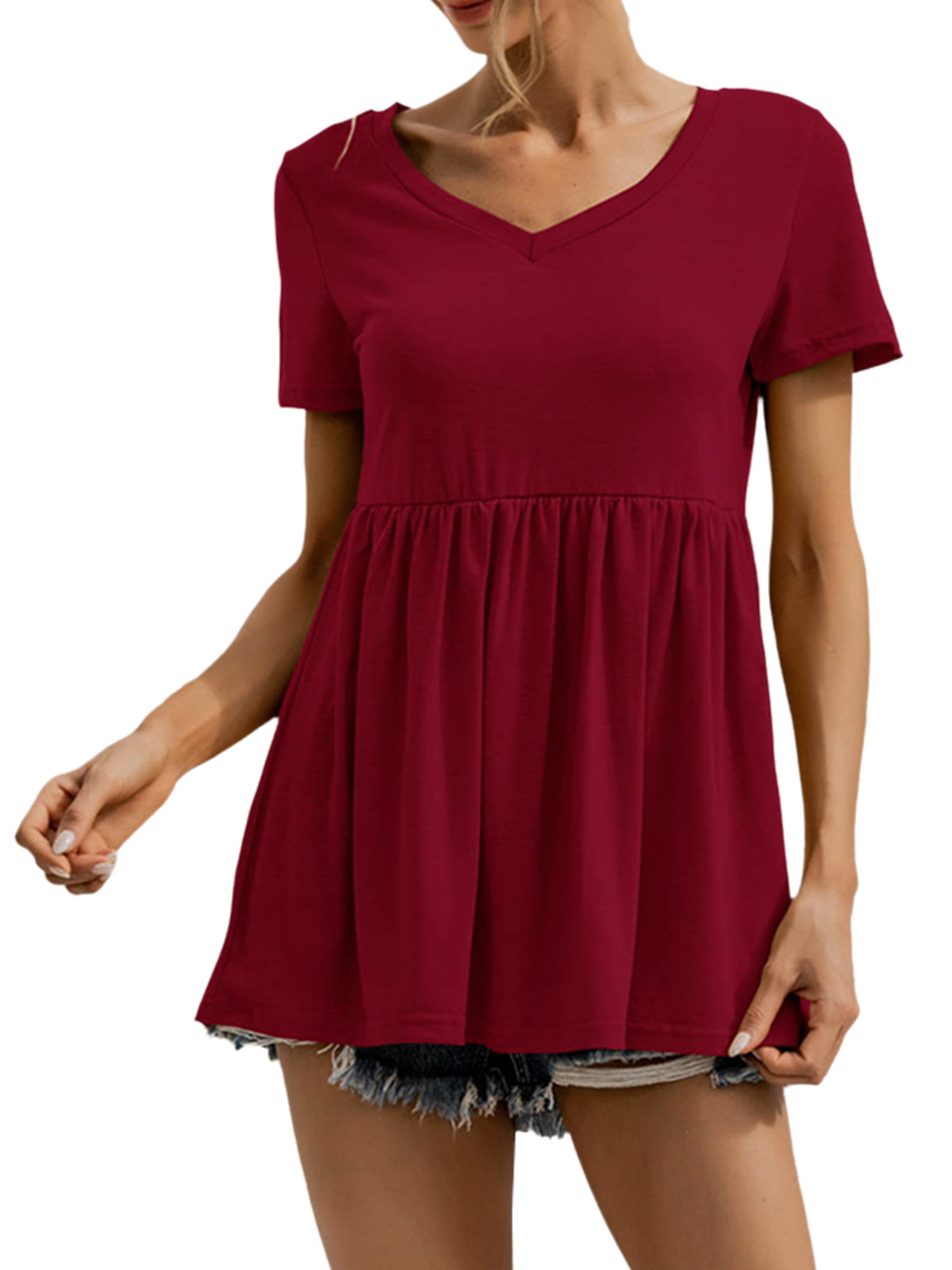 Women Peplum Tops Summer Short Sleeve Plain Swing T-Shirts Ruffle Hem Babydoll Blouse Tops 