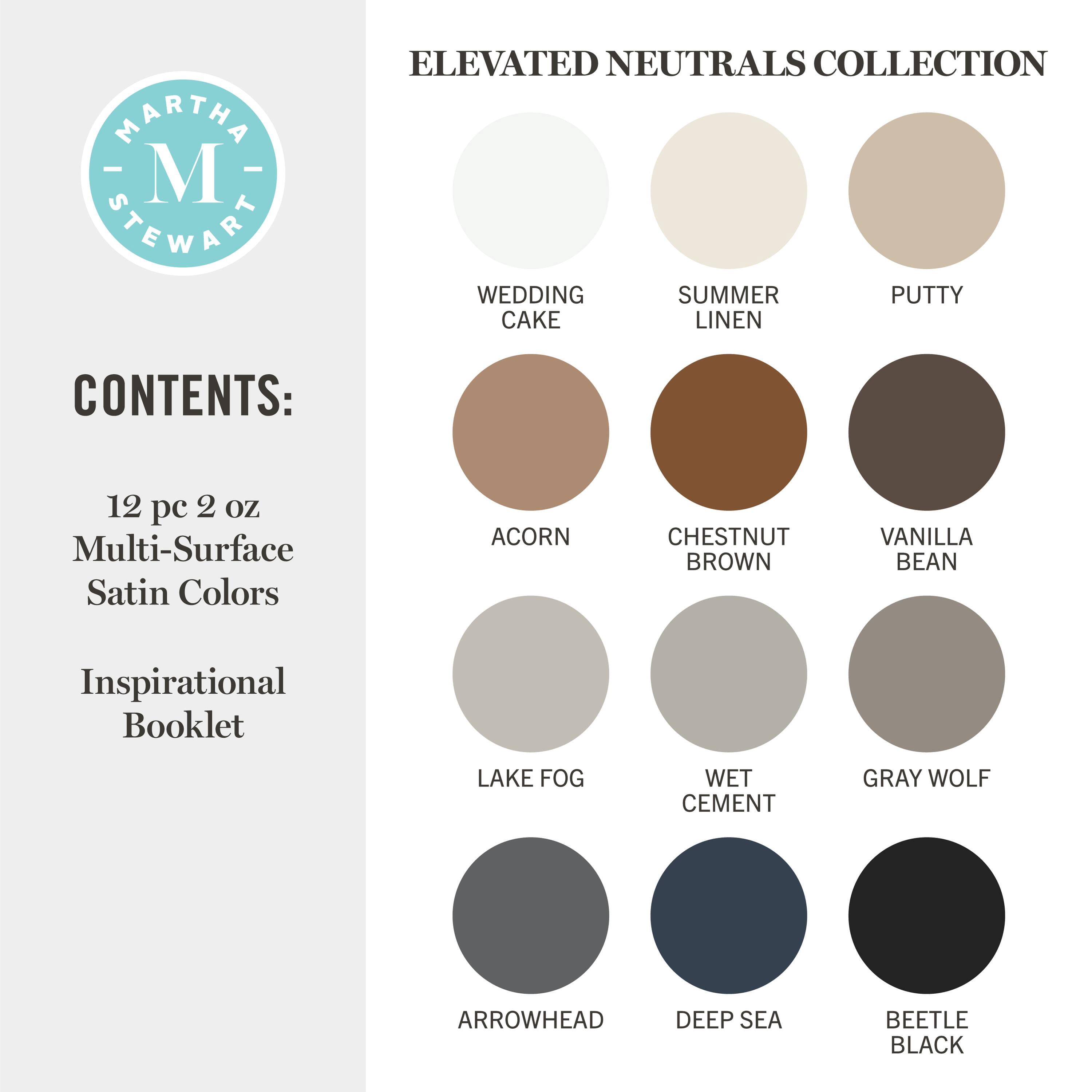 Martha Stewart Multi-Surface Acrylic Craft Paint, Satin Finish, Elevated Neutrals, Set of 12, 2 fl oz
