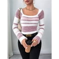 thumbnail image 4 of Women's Pullover Striped Knit Square Neck Sweater Color Block Long Sleeve Cute Trendy Fuzzy Sweaters Pink L, 4 of 10