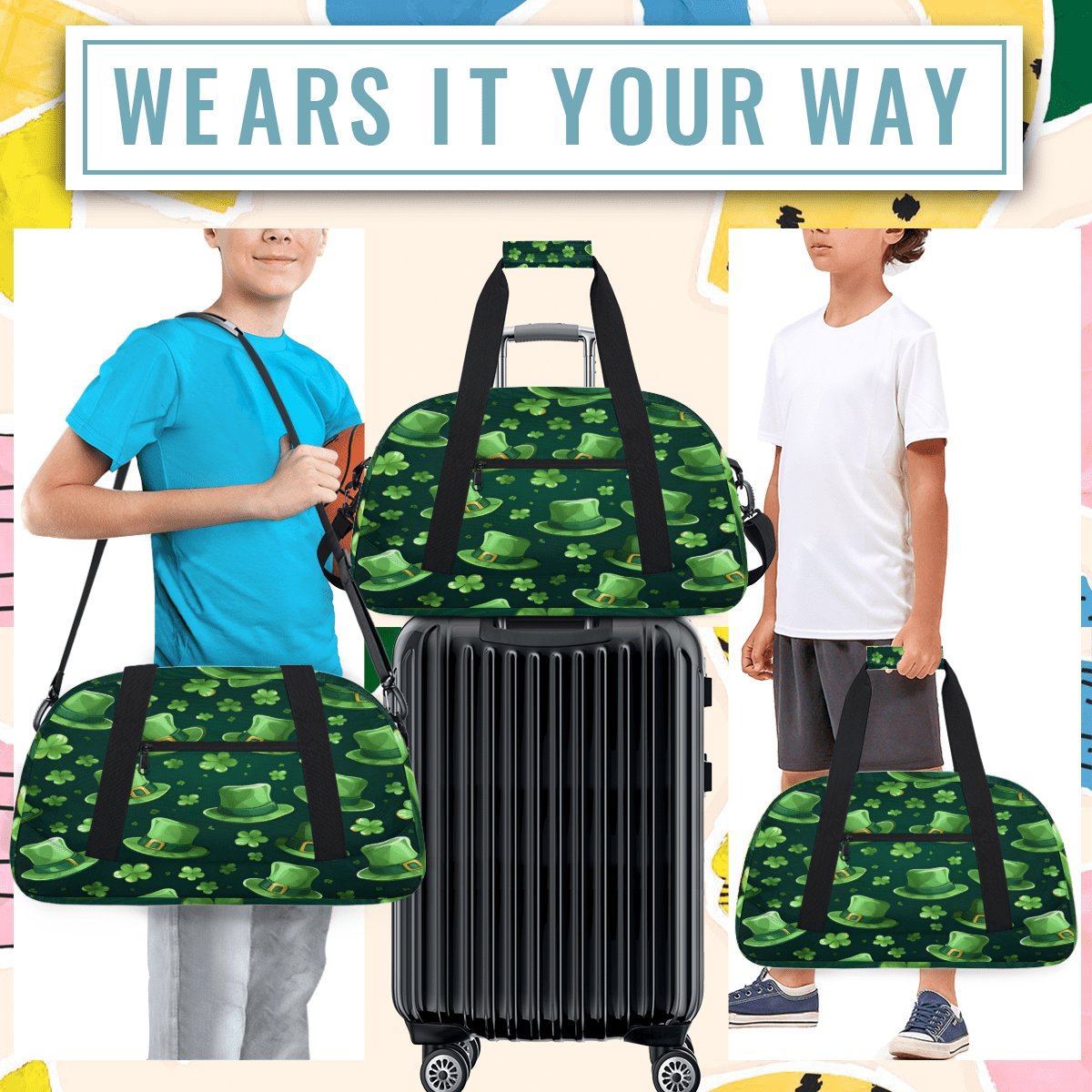 Herdesigns St Patricks Day Shamrock Luck Hat Sports Duffle Bag for Women & Men, Gym Bag Dance Bag Overnight Bag Carry On Weekender Travel Bag