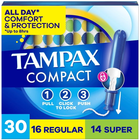Tampax Compact Pearl Tampons Multipack, with LeakGuard Braid & Extendable Applicator, Regular/Super, 30 Count