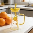 thumbnail image 3 of Win s Way Cute Square Glass Cup with Lid and Straw, 13oz Blue Glass Tumbler with Handle, 3 of 4