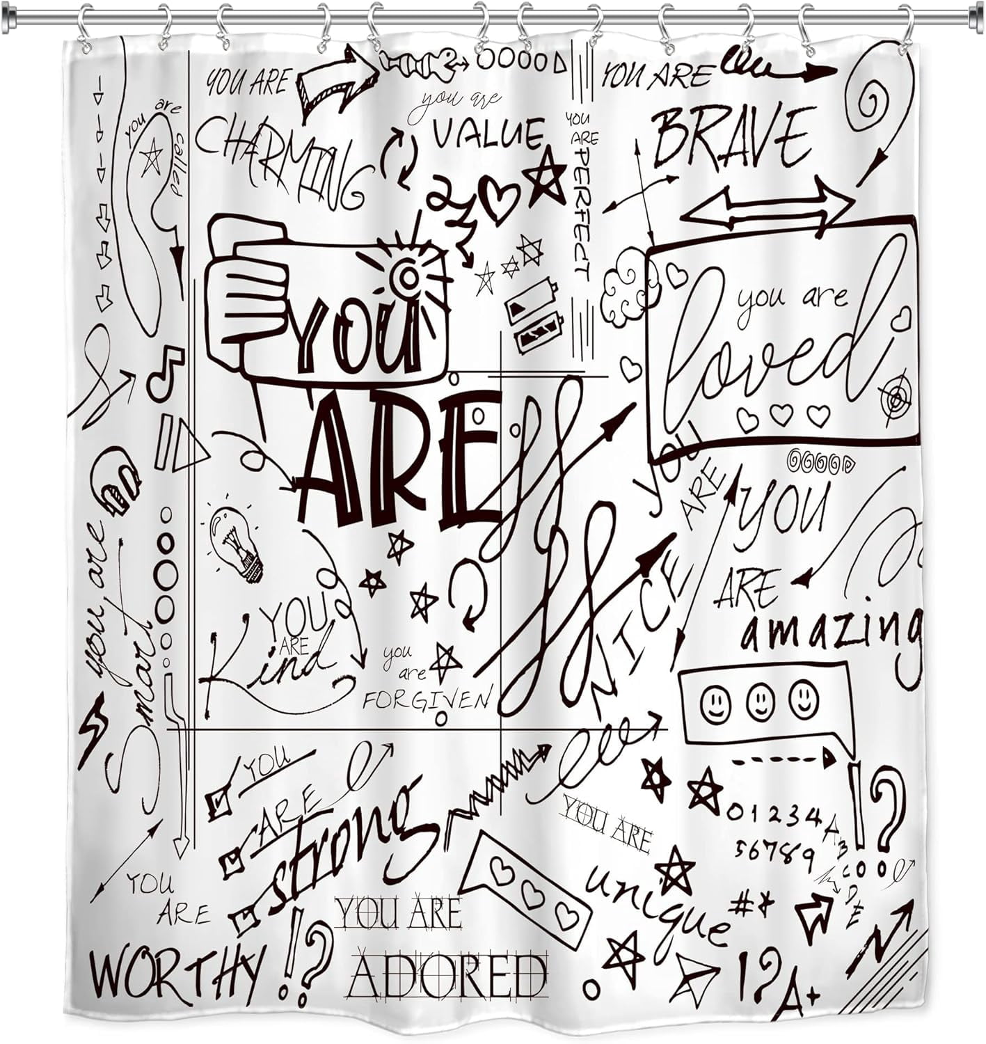 Teen Shower Curtain for Kids Funny Quotes 72Wx72L Inch Inspirational You are Graffiti Letter Positive Sayings Motivational Black White Artwork Cloth Fabric Bathroom Decor Set with 12 Pack Hooks