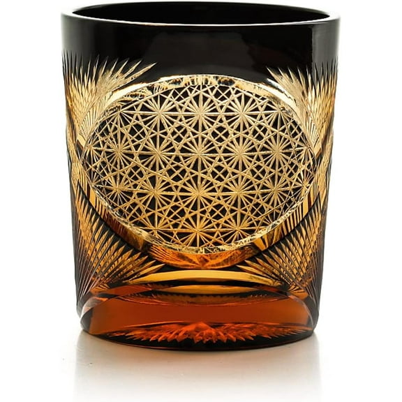 Old Fashioned Glass Japanese Style 8OZ Amber Black Rocks Glasses Engraved Tumbler Drinkware Glasses for Whiskey Vodka with Gift Box
