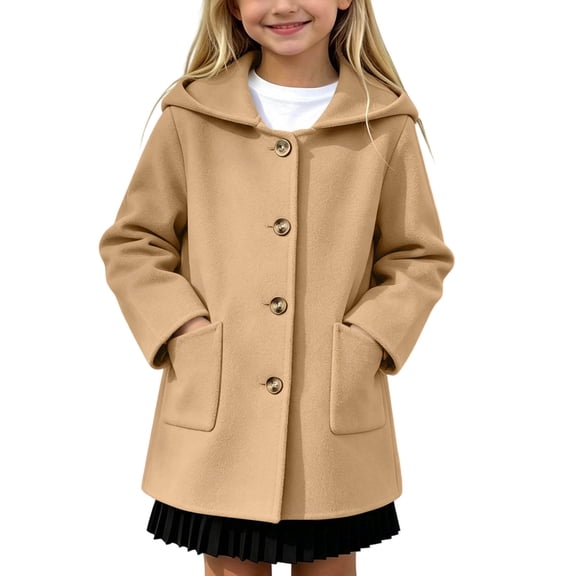 Kukoosong Girls' Hooded Wool Blend Coat, Single Breasted Button Down Long Sleeve Mid Length Pea Coat with Pockets, Loose Fit Warm Outerwear for Toddler Little Kids Fall Winter