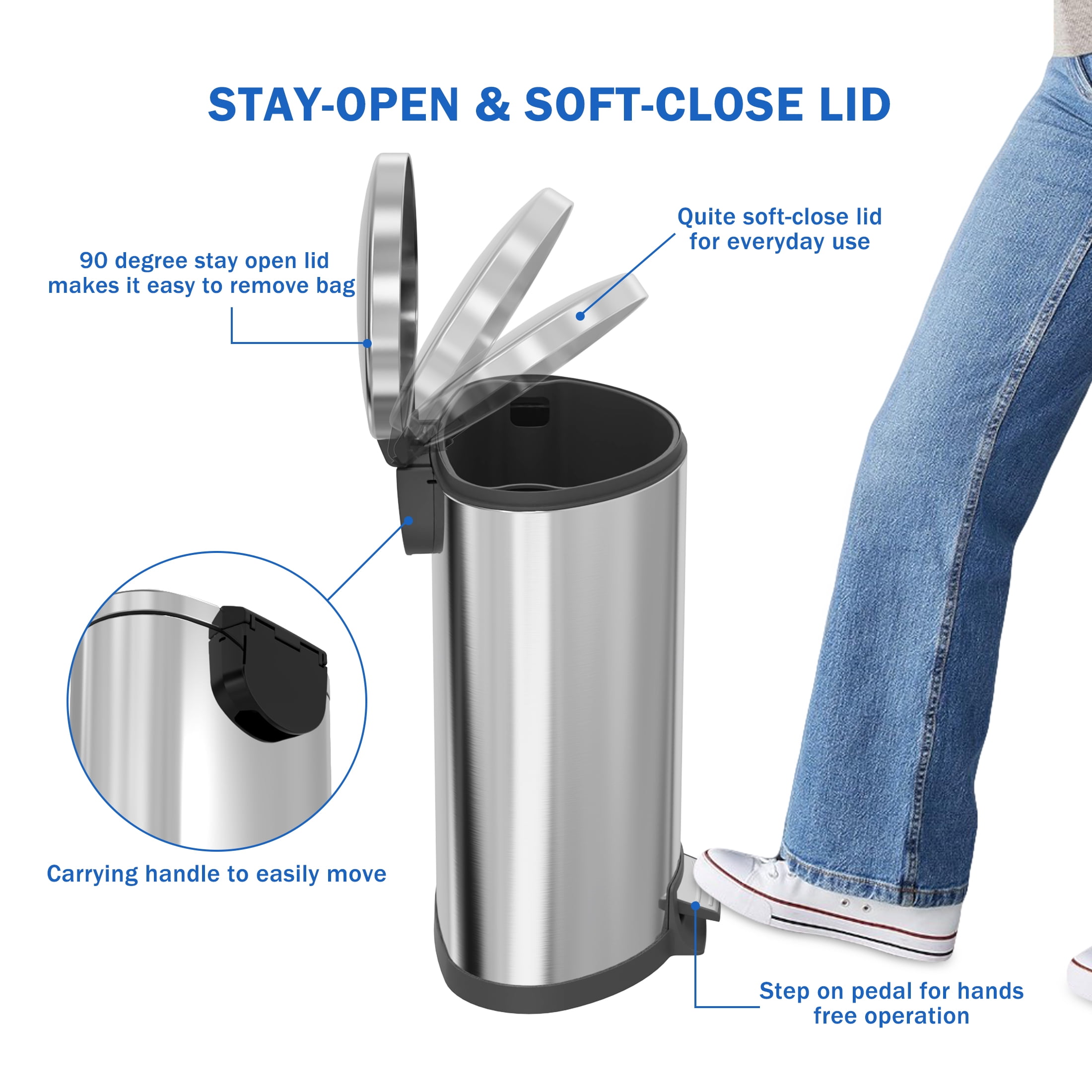 Koomade Kitchen Trash Can, 14.5 Gallon  Stainless Steel Soft Close Step Garbage Bin with Lid, Silver