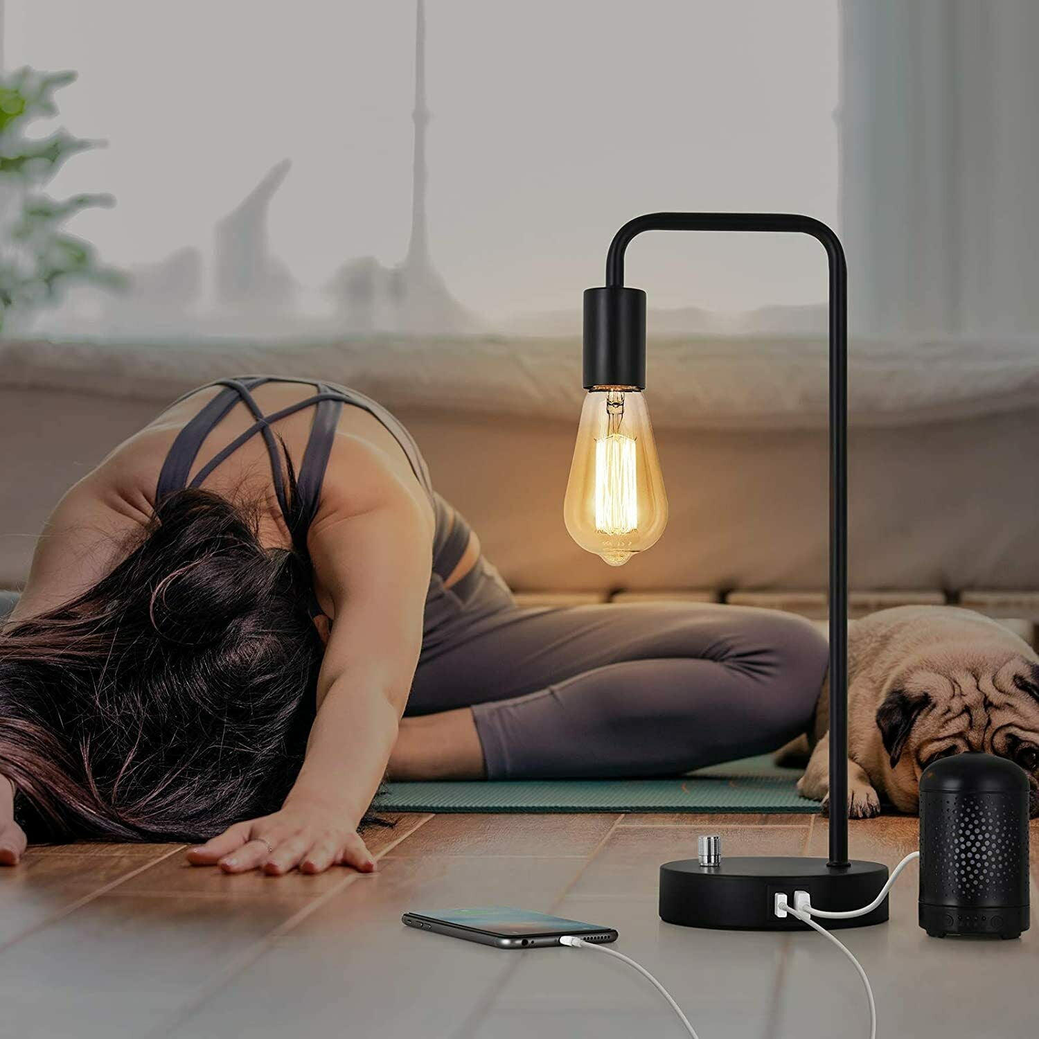Industrial Bedside Table Lamp with 2 USB Charging Ports, Black
