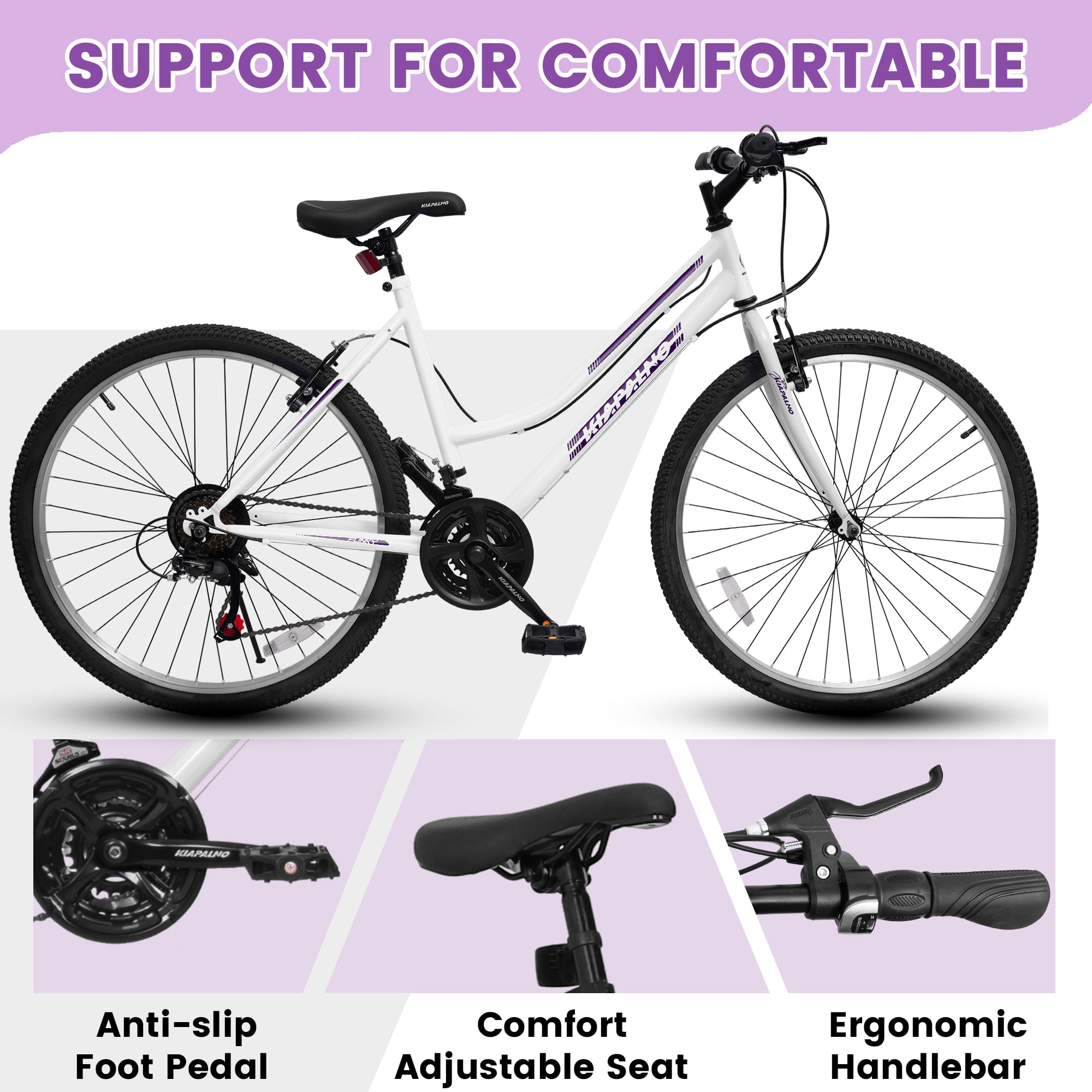 24 Inch Mountain Bike for Girls Women, 21 Speed Mountain Bicycle with V-Brake and Carbon Steel Frame, Female Commuting City Bike to School Work, White