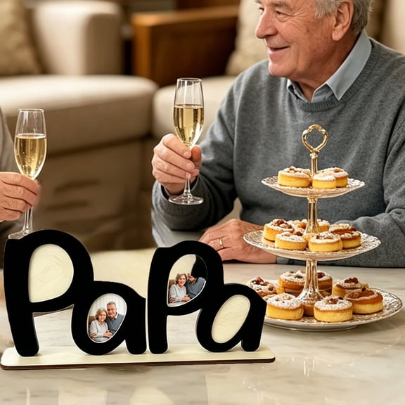 Papa Letter Photo Frame & 4 Openings Wooden Picture Holder, Tabletop Decorative Photo Frame Supplies, Fathers Day Birthday Gift Desk Shelf Family Memory Display Frame(Black)
