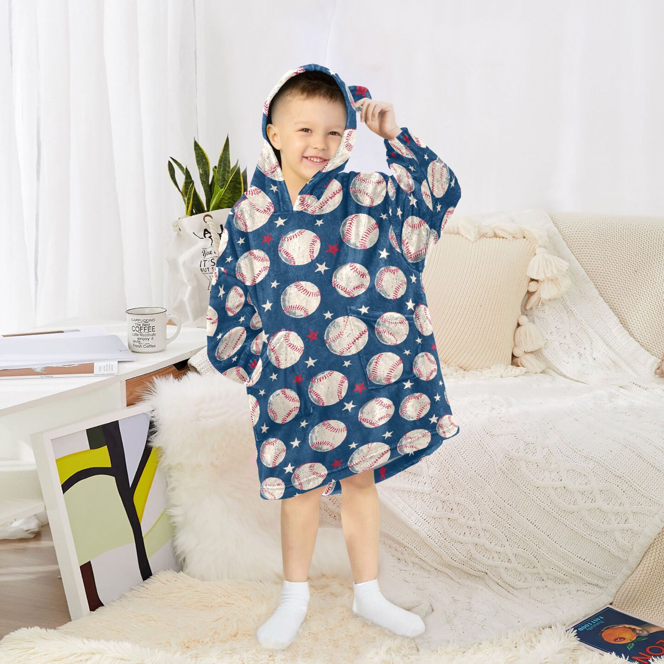 Wearable Blanket Hoodie for Kids Baseball Flannel Hooded Blanket with Pockets and Sleeves Suitable for Boys and Girls
