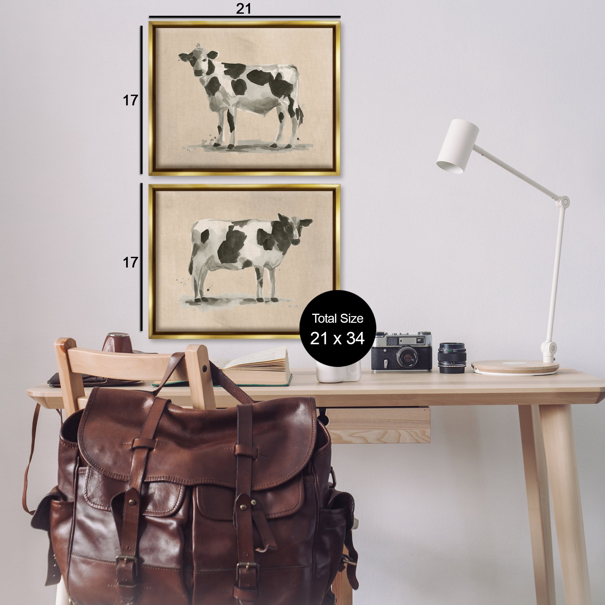 Stupell Industries Beige Holstein Cow Portrait Animals Painting Gold Floater Framed Canvas Art Print Wall Art, 21 x 17, Set of 2