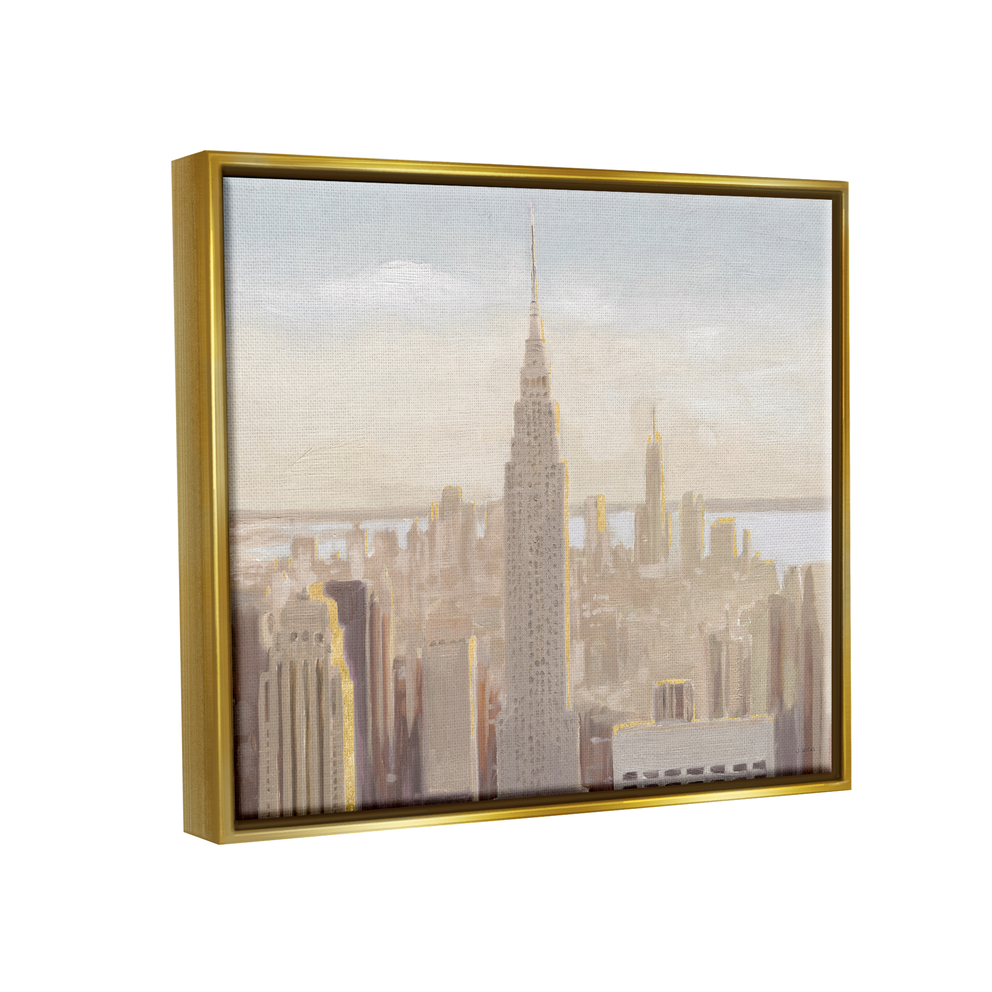 Stupell Industries Manhattan Dawn Painting Travel & Places Painting Gold Floater Framed Art Print Wall Art, 21 x 17