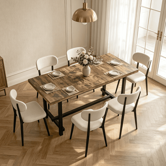 9-Piece Industrial Dining Table Set for 6, 70.9'' Large Kitchen Table with 6 Upholstered Curved Back Chairs