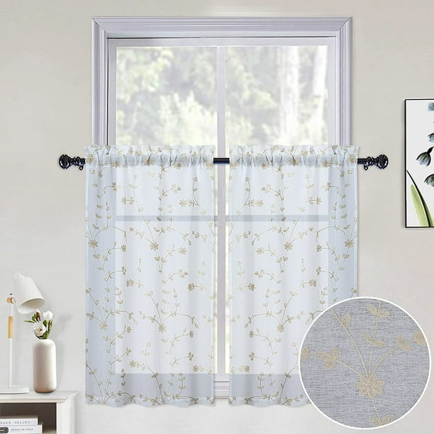 Sheer Tier Curtains for Kitchen Windows 24 Inch Length, Leaf